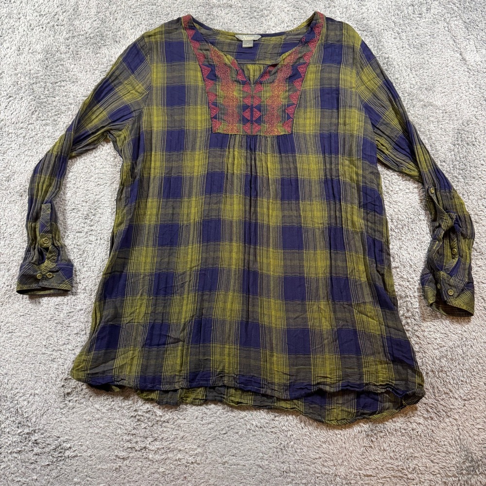 Natural Reflections 3X Blue Green Plaid Embroidered Tunic Blouse Long Sleeve Top